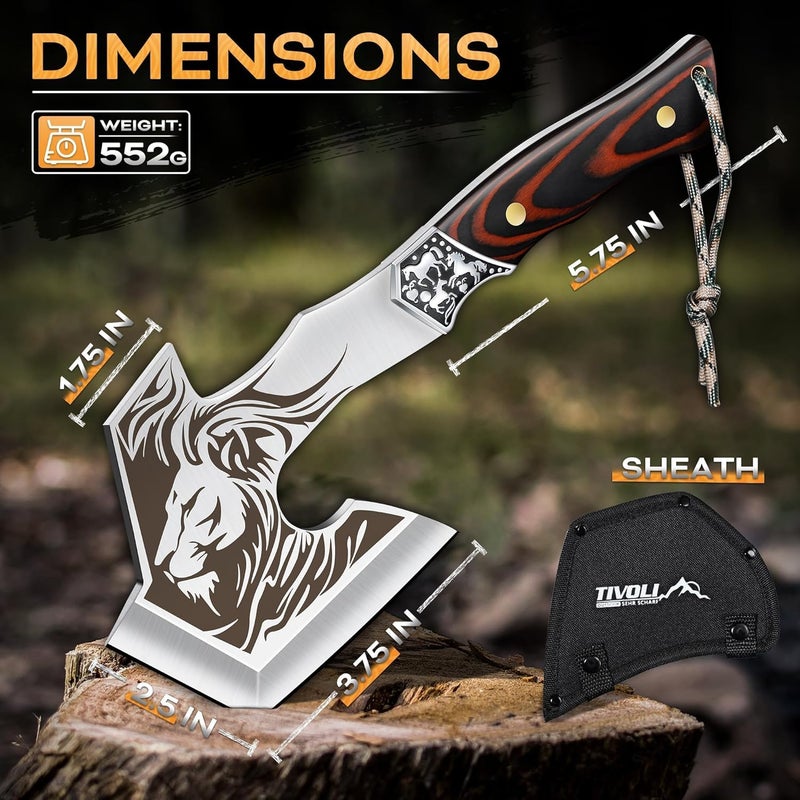 Tivoli Camping Axe, Lion - Patterned Survival Hatchet with Nylon Sheath, High Carbon Steel Blade Compact Outdoor Bushcraft Axe with Ergonomic Wood Grip, Camping Gear for Hiking, Chopping, Hunting - Image 5